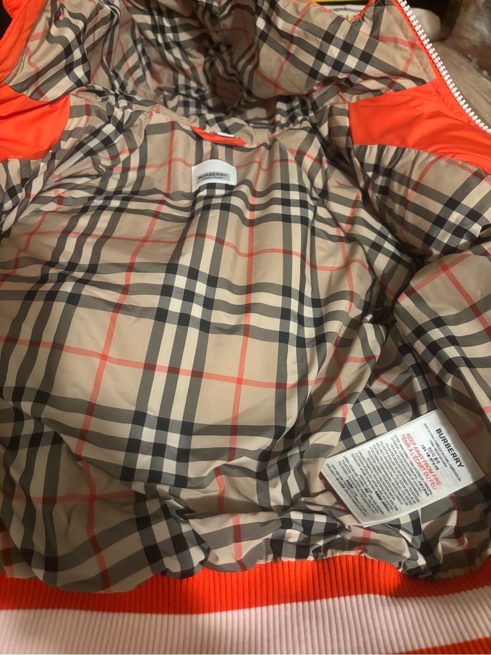 Burberry Kids Orange Hooded Puffer Jacket with Stripe Hem
